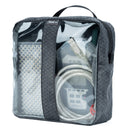 Thinktank blue and clear cable management pouch with clear panels, zippered top, and organized cables inside