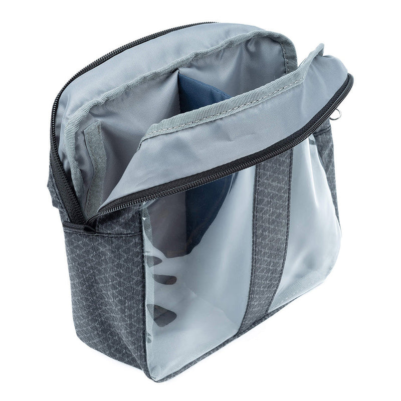 Blue and clear Thinktank Cable Management pouch with zippered top and clear panels for easy cable organization