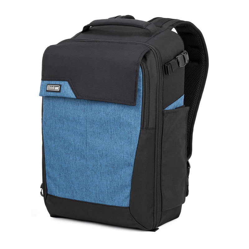 Thinktank Mirrorless Mover Backpack in black and blue, designed for mirrorless camera systems with customizable dividers and front panel access.