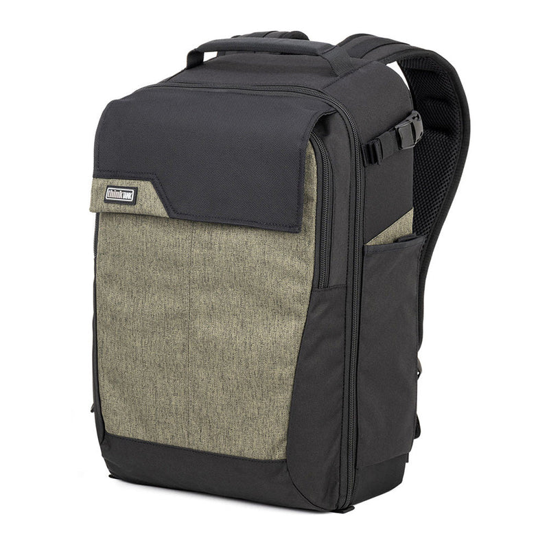 Thinktank Mirrorless Mover Backpack in black and gray, padded shoulder straps, multiple compartments for mirrorless camera gear and personal items, side pockets, and front flap design