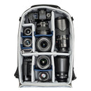 Mirrorless Mover Backpack with customizable dividers holding mirrorless camera, lenses, and accessories for organized gear storage