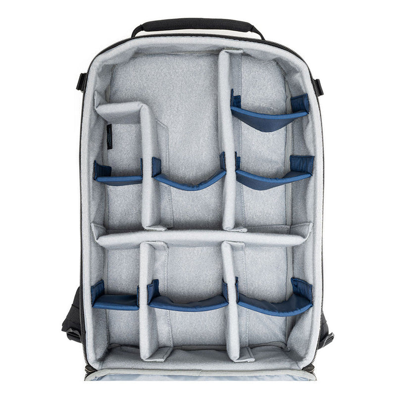 Open Thinktank Mirrorless Mover Backpack showing customizable padded dividers for mirrorless camera gear organization
