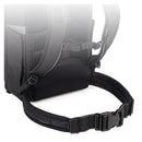 Black adjustable waist stabilizer strap and padded back panel of Thinktank Mirrorless Mover Backpack