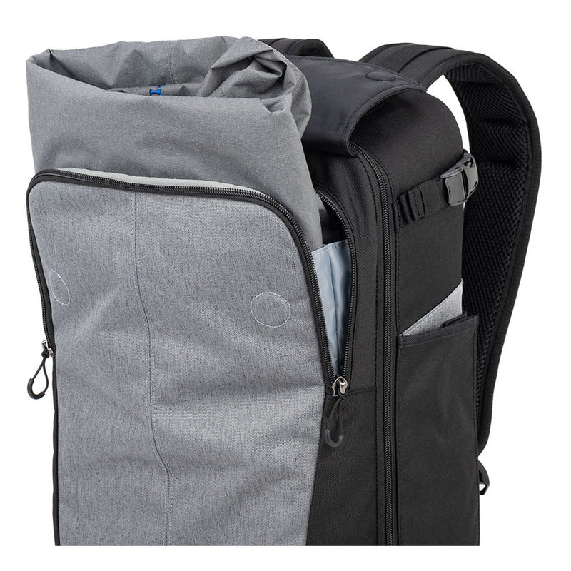Thinktank Mirrorless Mover Backpack in grey and black with roll-top design and zipper compartments for mirrorless cameras and accessories