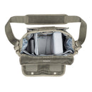 Top view of open ThinkTank Retrospective 20 v2.0 shoulder bag showing padded compartments and adjustable shoulder strap