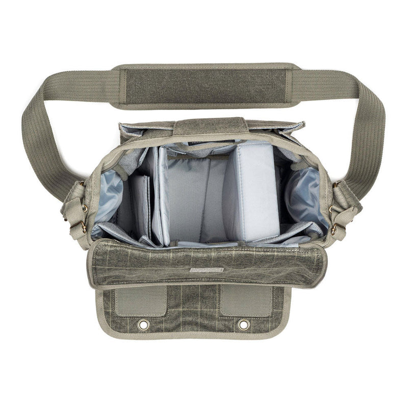 Top view of open ThinkTank Retrospective 20 v2.0 shoulder bag showing padded compartments and adjustable shoulder strap