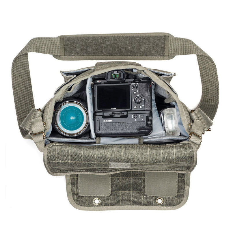 ThinkTank Retrospective 20 camera shoulder bag open showing organized compartments with camera and lens inside