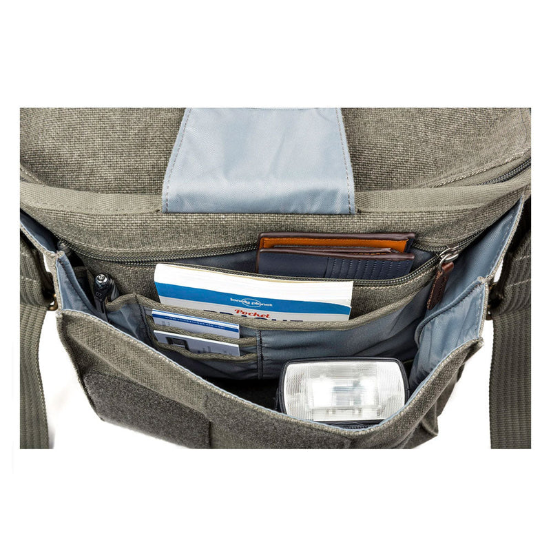 Interior view of ThinkTank Retrospective 20 v2.0 shoulder bag showing organized compartments and storage pockets