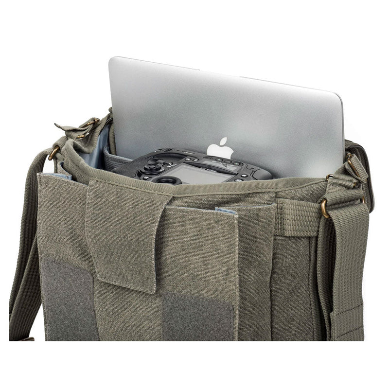 ThinkTank Retrospective 20 shoulder bag with laptop and camera controller inside, soft form-fitting design, adjustable strap, and zippered compartments