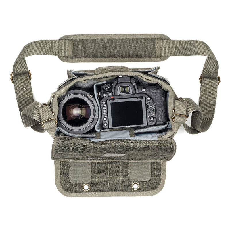 ThinkTank Retrospective 5 camera shoulder bag in pinestone with open flap showing camera inside and adjustable padded strap