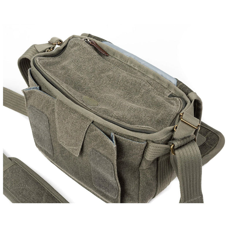 ThinkTank Retrospective 5 shoulder bag in pinestone color with multiple zippered compartments and adjustable strap