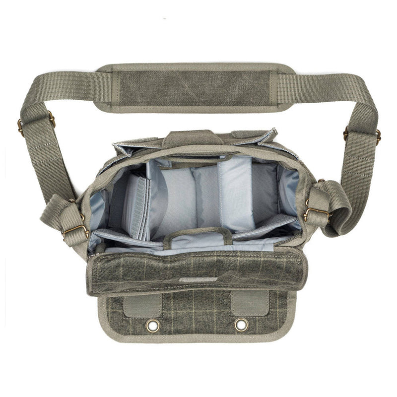 ThinkTank Retrospective 5 camera shoulder bag open showing padded interior compartments and adjustable strap in pinestone color
