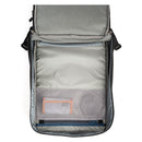 Gray backpack with open front compartment on a white background