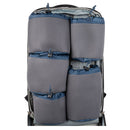 Several grey and blue hook-and-loop pouches attached to the inside of a backpack