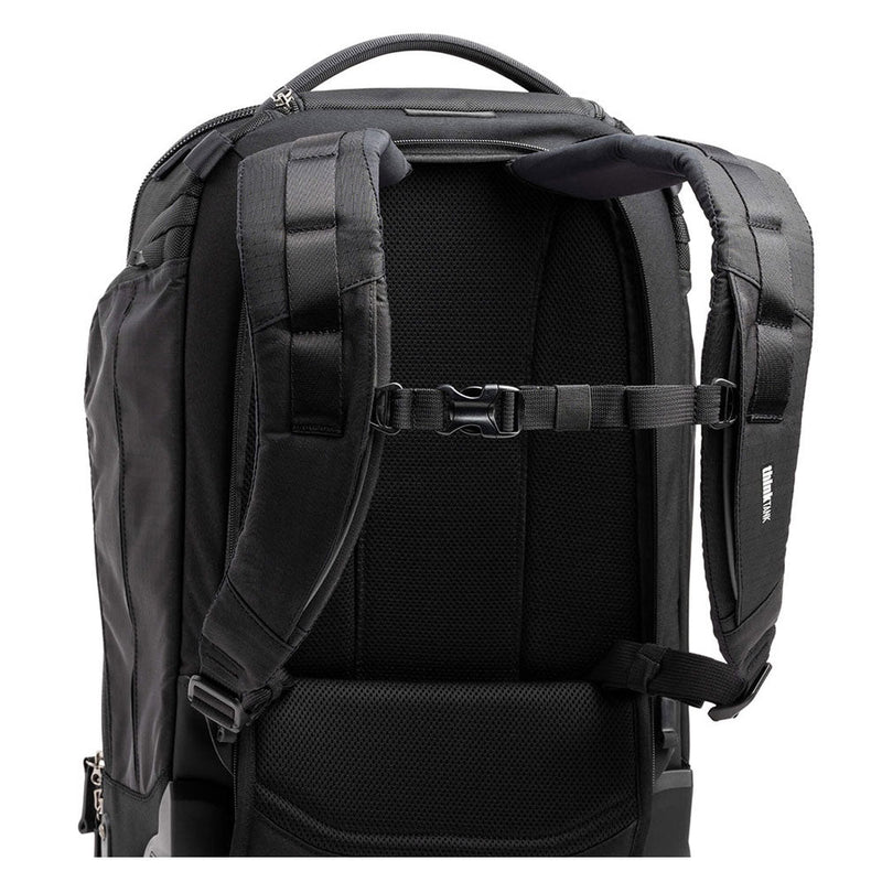 ThinkTank Walker Pro black rolling backpack with padded adjustable shoulder straps and breathable back panel