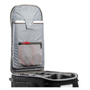 Open ThinkTank Walker Pro rolling backpack showing padded, customizable photo gear compartments and organizer pockets