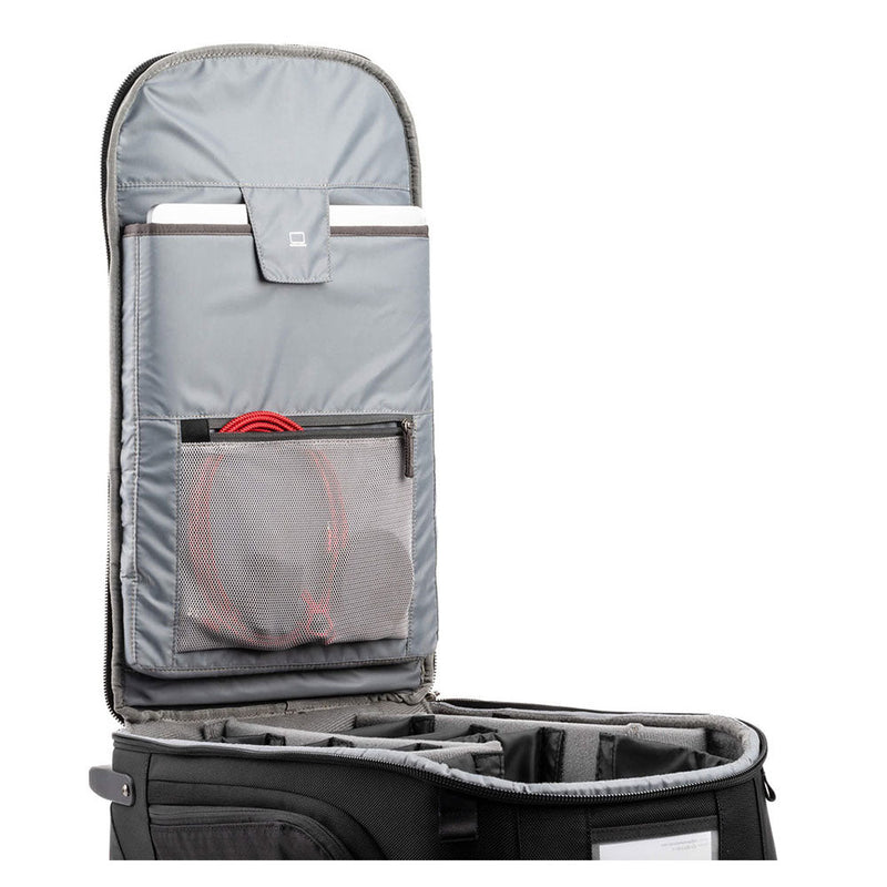 Open ThinkTank Walker Pro rolling backpack showing padded, customizable photo gear compartments and organizer pockets