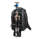 ThinkTank Walker Pro 16L black camera backpack with tripod attached and multiple compartments for gear and accessories