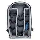 ThinkTank Walker Pro 30L camera backpack interior with adjustable padded compartments for professional gear organization
