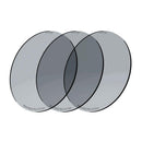 Three circular black filters on a white background