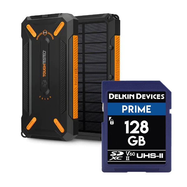 Toughtested Solar Power Bank with Delkin Prime 128GB SD Memory Card