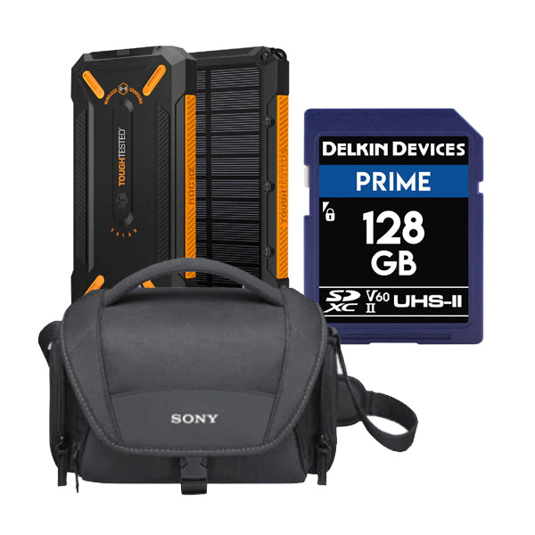 Toughtested Solar Power Bank with Delkin Prime 128GB SD Memory Card and Sony LCS-U21 Carrying Case