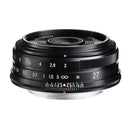 Voigtlander 27mm f2 Ultron lens mounted on Fujifilm X camera showing compact manual focus design and aperture ring details
