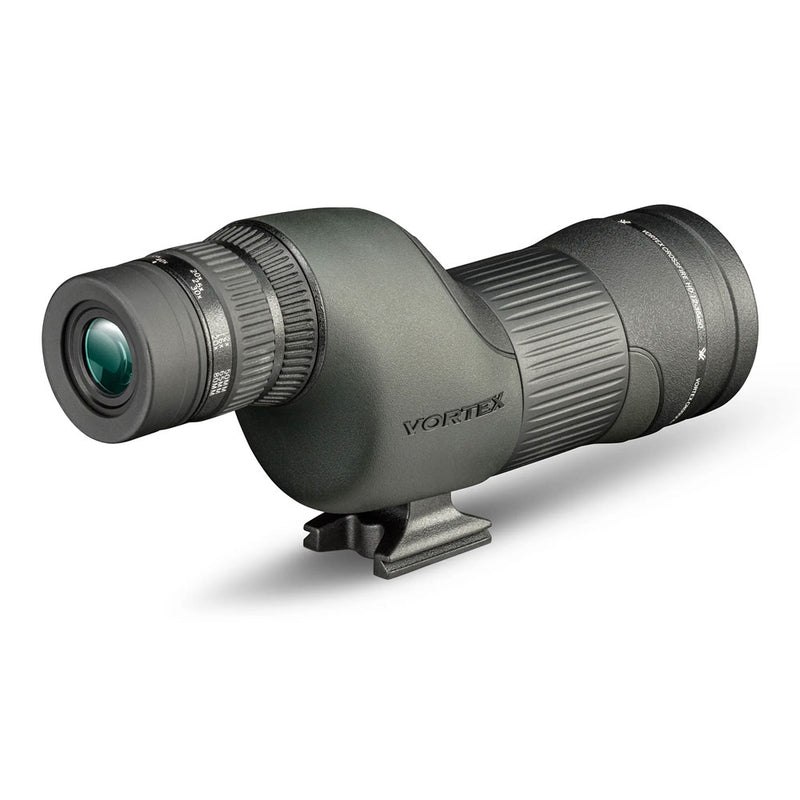 A green and black spotting scope with zoom eyepiece and tripod mount.