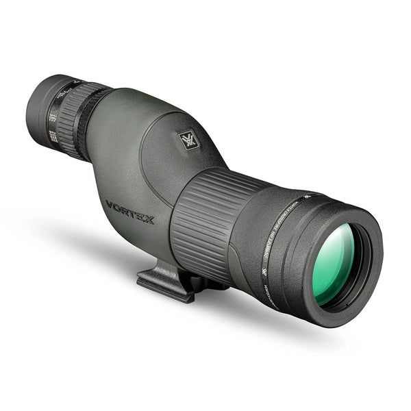 A green and black spotting scope with zoom eyepiece and tripod mount.