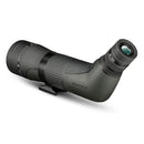 A green and black spotting scope with zooming eyepiece and tripod attachment.