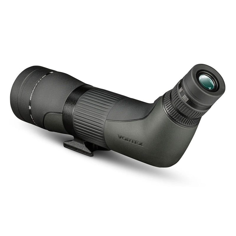 A green and black spotting scope with zooming eyepiece and tripod attachment.