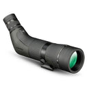 A green and black spotting scope with zooming eyepiece and tripod attachment.