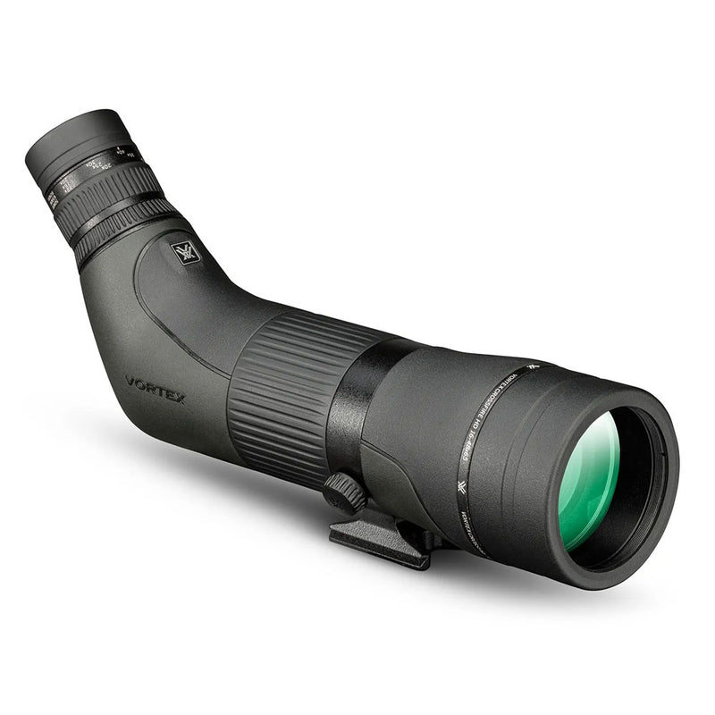 A green and black spotting scope with zooming eyepiece and tripod attachment.