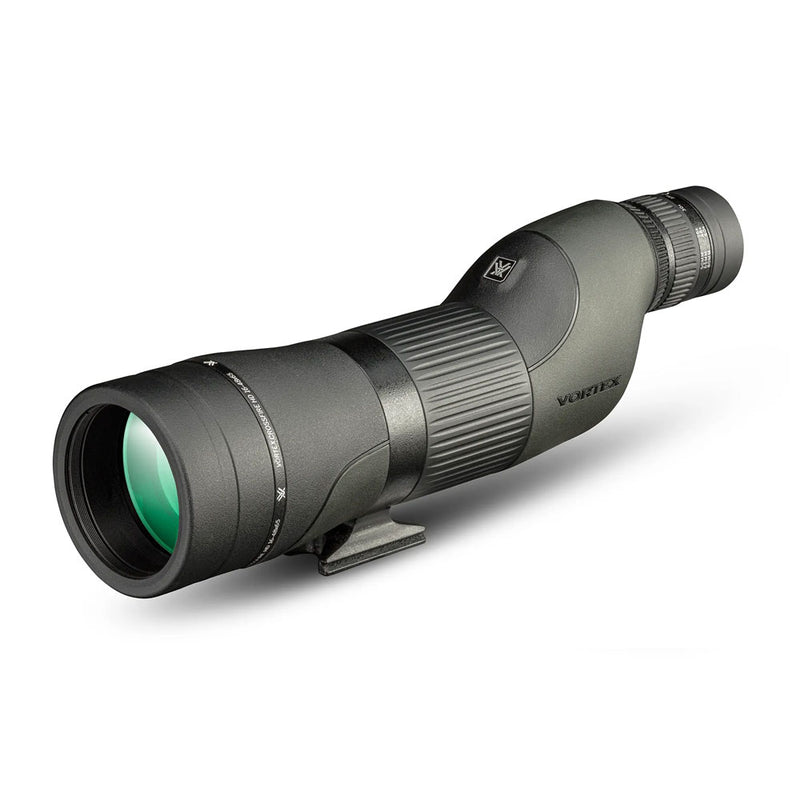 A green and black spotting scope with zooming eyepiece and tripod attachment.