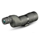 A green and black spotting scope with zooming eyepiece and tripod attachment.