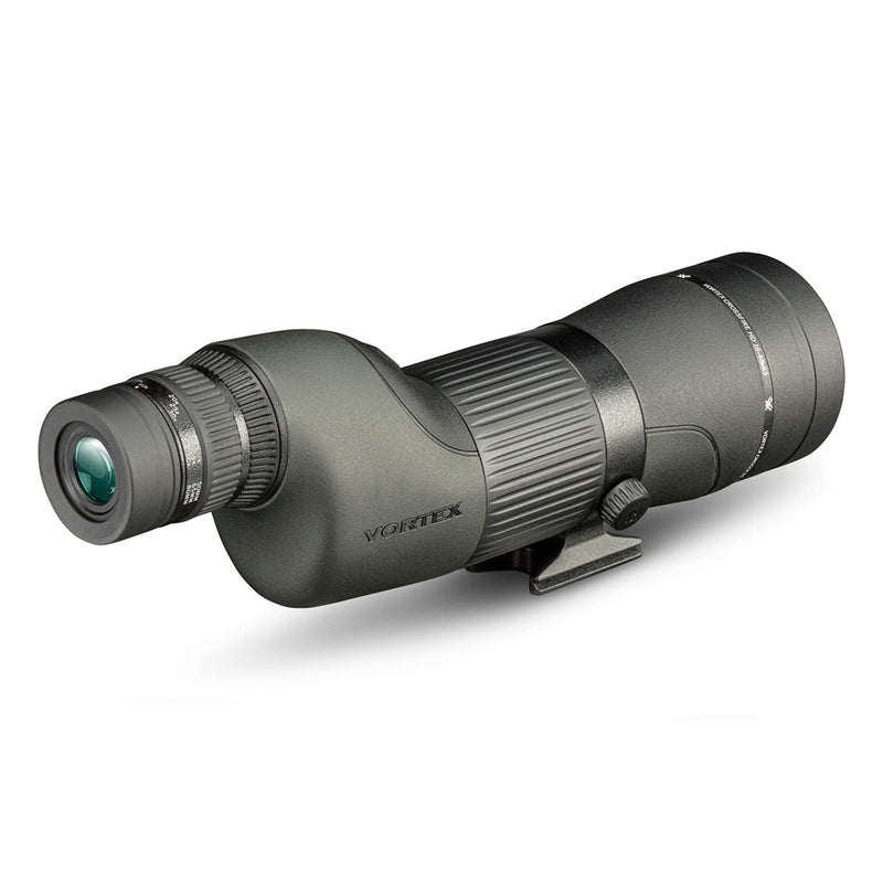 A green and black spotting scope with zooming eyepiece and tripod attachment.