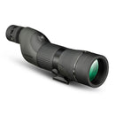 A green and black spotting scope with zooming eyepiece and tripod attachment.