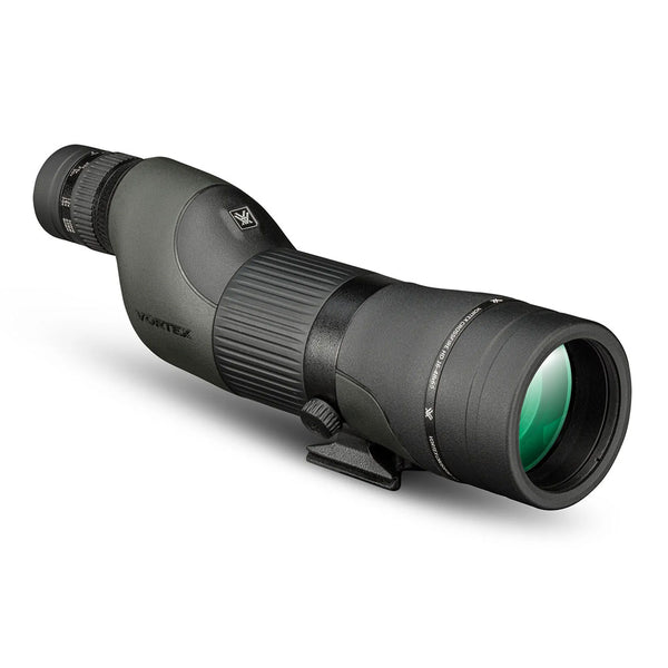 A green and black spotting scope with zooming eyepiece and tripod attachment.