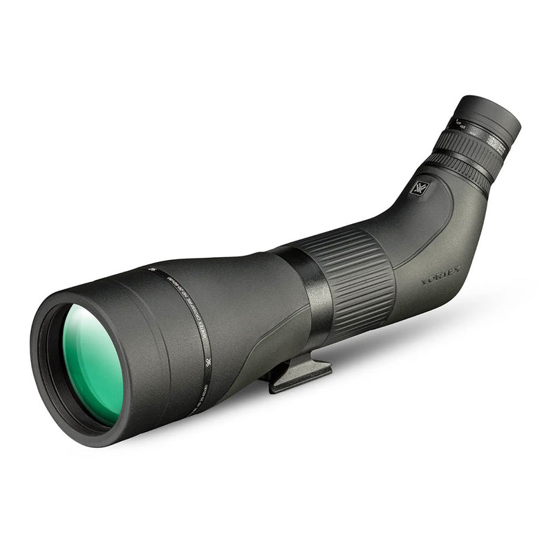 A green and black spotting scope, with zooming eyepiece and tripod mount.