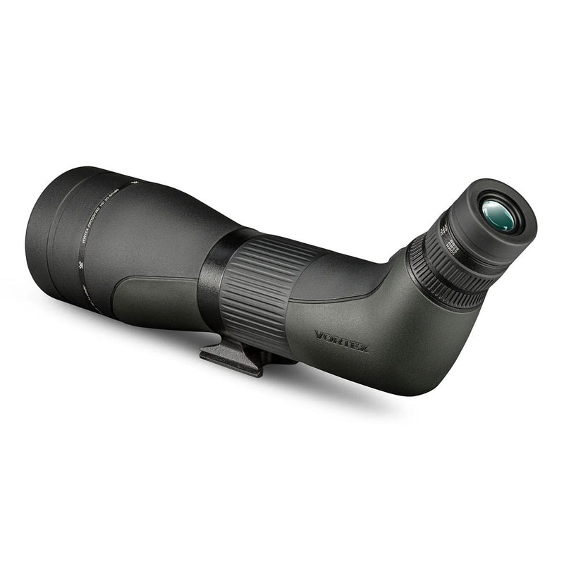 A green and black spotting scope, with zooming eyepiece and tripod mount.