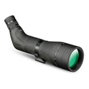 A green and black spotting scope, with zooming eyepiece and tripod mount.