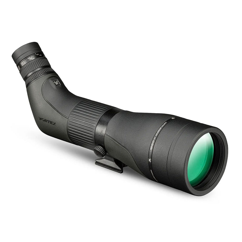 A green and black spotting scope, with zooming eyepiece and tripod mount.