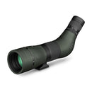 A green and black spotting scope, with zooming eyepiece and tripod mount.
