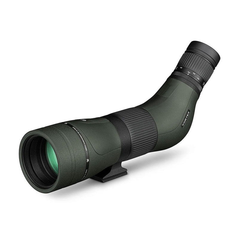 A green and black spotting scope, with zooming eyepiece and tripod mount.