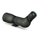 A green and black spotting scope, with zooming eyepiece and tripod mount.