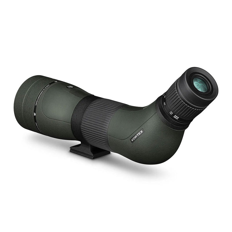 A green and black spotting scope, with zooming eyepiece and tripod mount.