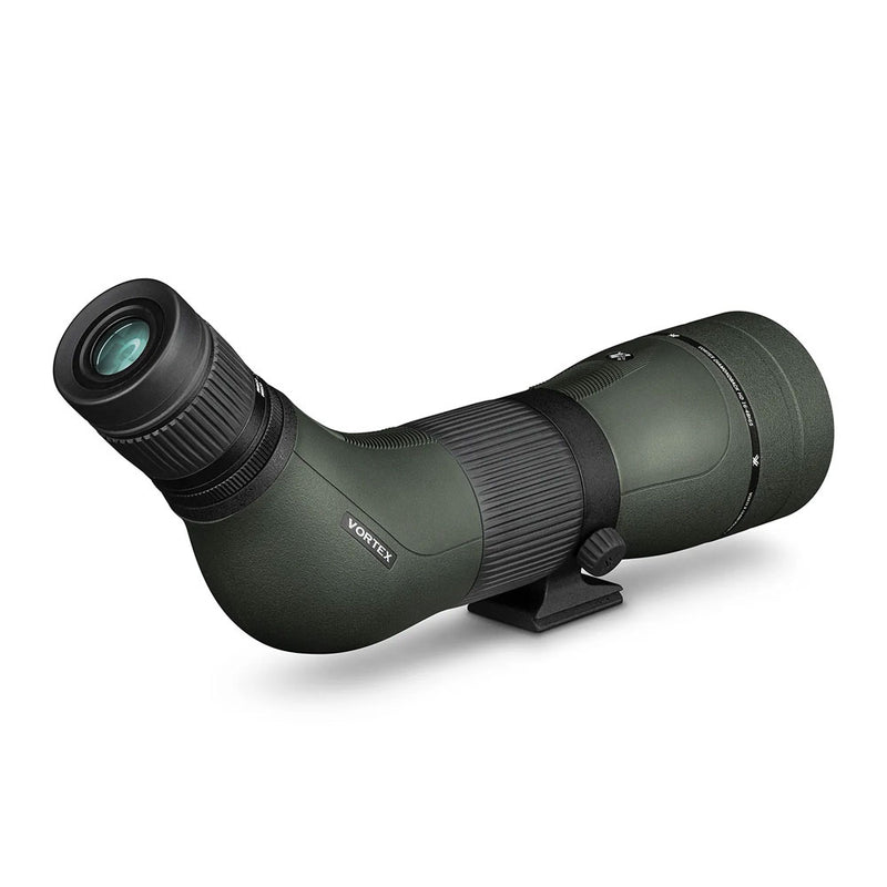 A green and black spotting scope, with zooming eyepiece and tripod mount.