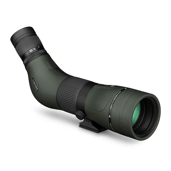 A green and black spotting scope, with zooming eyepiece and tripod mount.