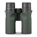 A pair of green and black binoculars with central focusing knob and rubberized grip.
