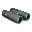 A pair of green and black binoculars with central focusing knob and rubberized grip.